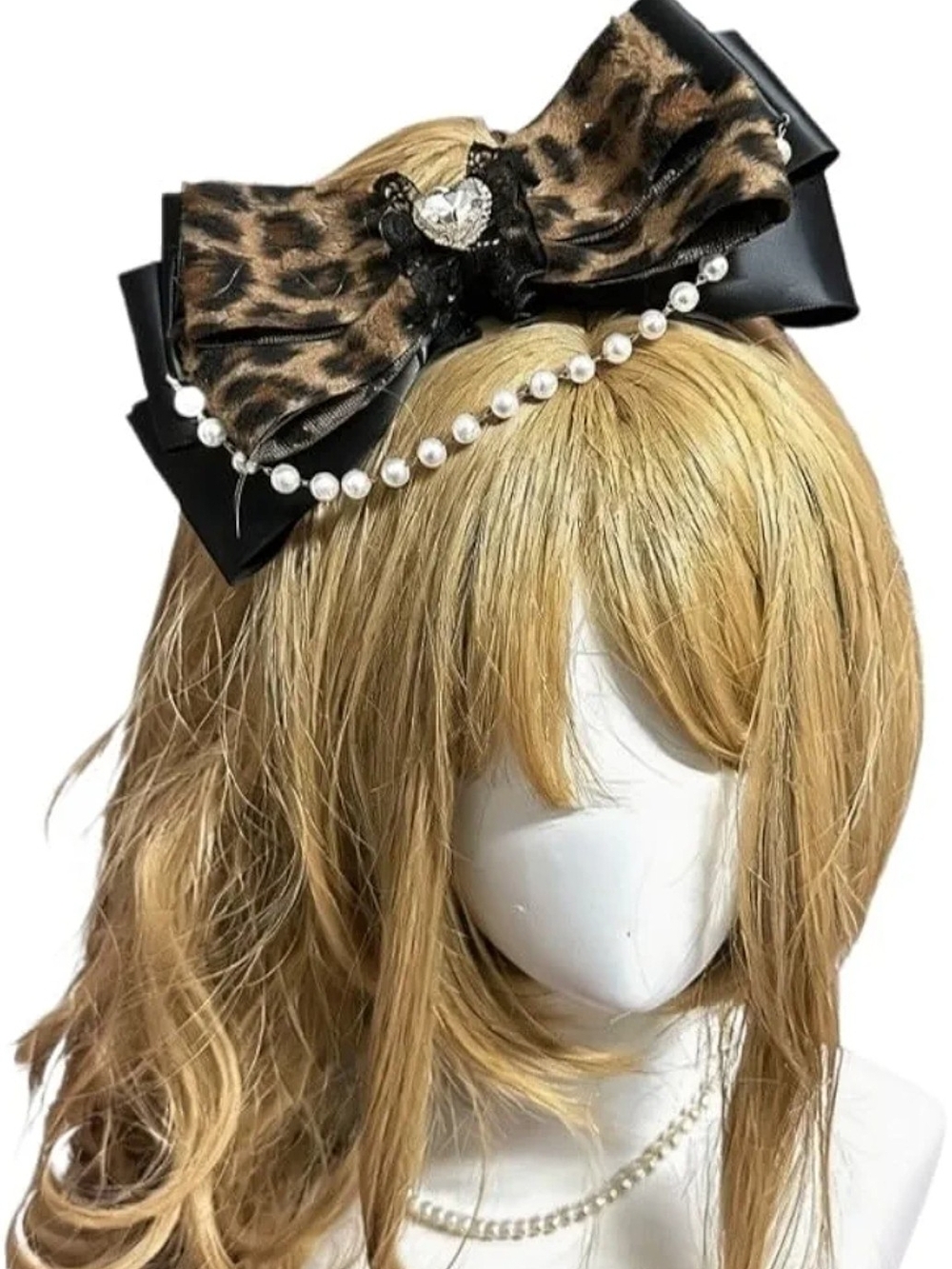 Leopard Print Bow Headband with Pearl Trim